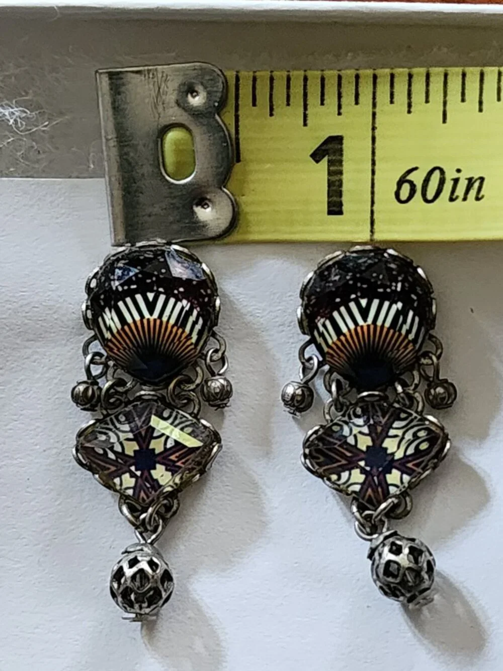 OOAK Ayala Bar Handcrafted, Fabric Inlay, Faceted Lucite & Metal Bead Earrings!! - Picture 14 of 16